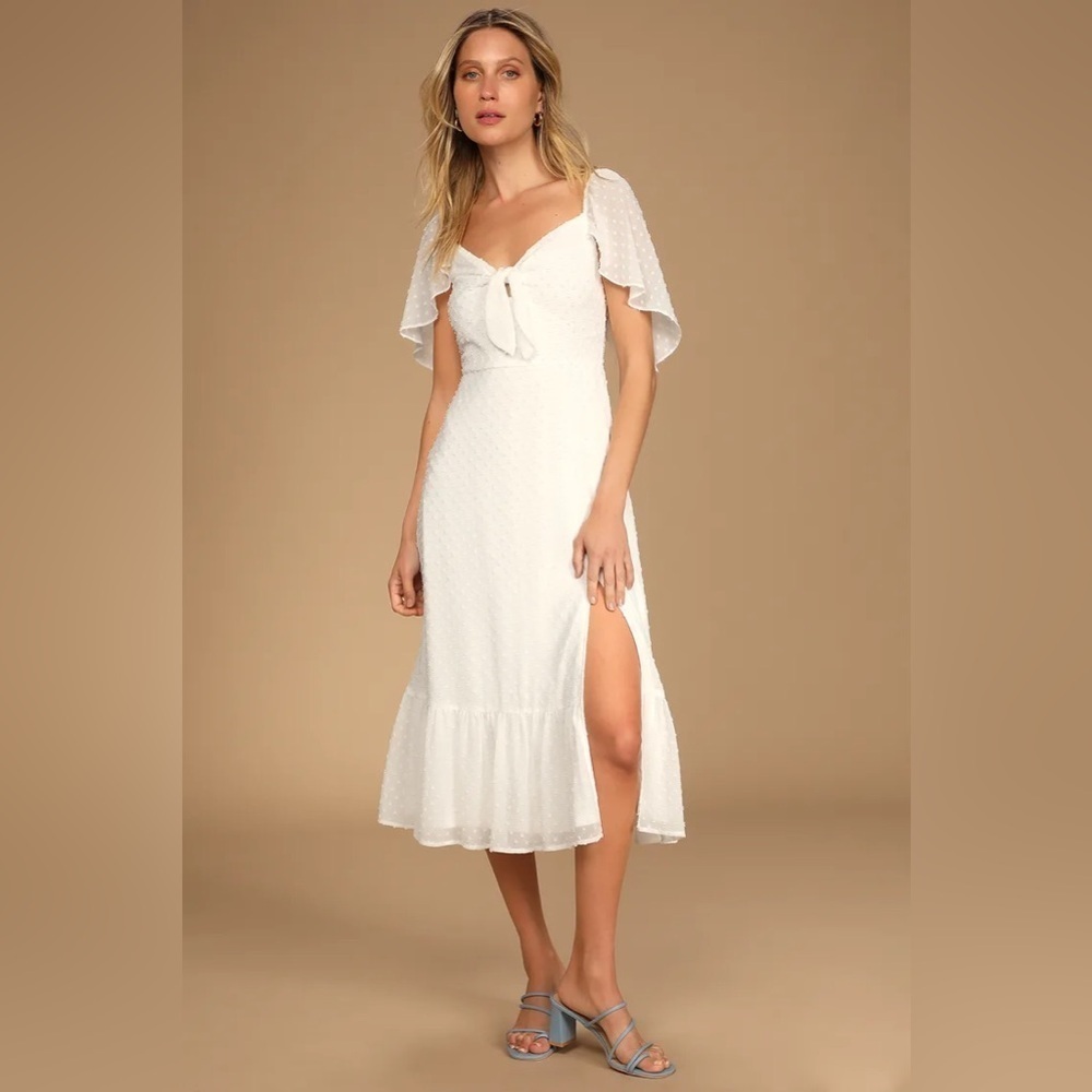 Lulu's White Swiss Dot Midi Dress with Flutter Sleeves